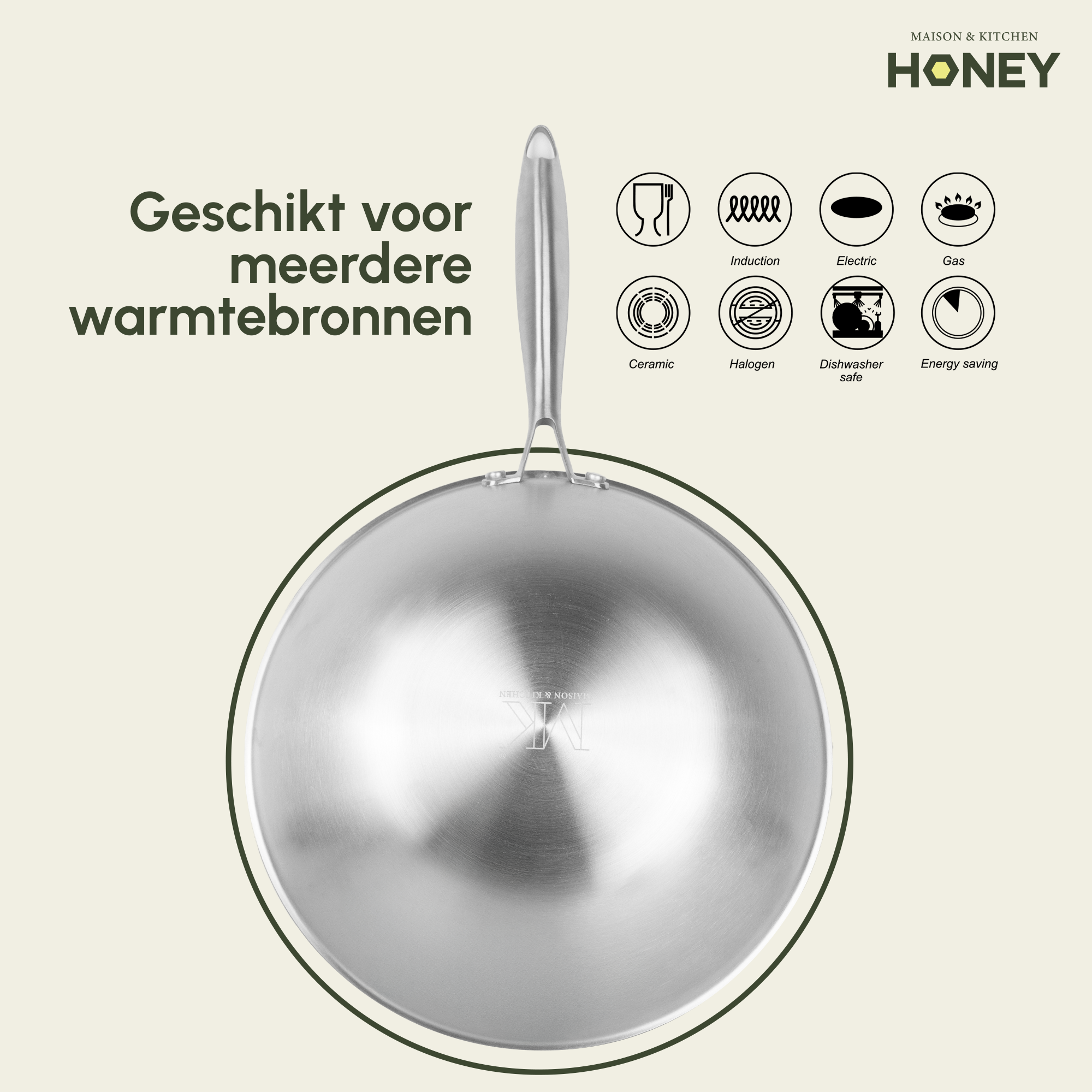 Wokpan Honey - Keramische coating - 32 cm - PFAS-vrij - RVS